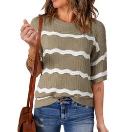Dokotoo Womens Fashion Casual Spring Summer Tops for Women 2024 Trendy Dressy Crew Neck Striped Pullover Sweater T-Shirts 3/4 Sleeve Tunic Tops Hollow Out Loose Shirts Khaki Large