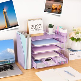 Gugsey Desk Organizer with File Holder, 5-tier Paper Letter Tray File Organizer with Drawer and Pen Holder, Metal Classroom Organization Office Accessories for School Office Supplies(Purple)