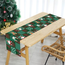 Christmas Table Runner, Green Buffalo Plaid Merry Christmas Table Decoration, Santa Claus Elk Snowman Holiday Tablecloth for Dresser Scarves Dining Farmhouse Kitchen Coffee Table Xmas Party Decor