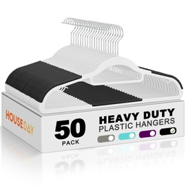 HOUSE DAY Plastic Hangers 50 Pack, Plastic Clothes Hangers Non Slip with Rubber Grip, Heavy Duty Coat Hanger with 360º Swivel Hook, Ultra Thin Hanger Space Saving Closet Organizer - White and Black