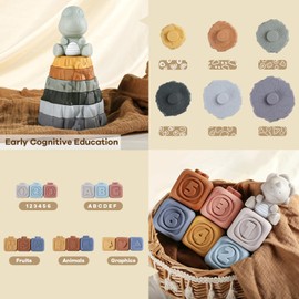 Yrkidstoi Stacking Building Blocks & Rings Toys for Babies 6-12 Months, 14 Pcs Soft Circle Stacker Teether with 2 Dinosaur Figures, Montessori Learning Sensory Toys for Infant Toddler Boys Girls