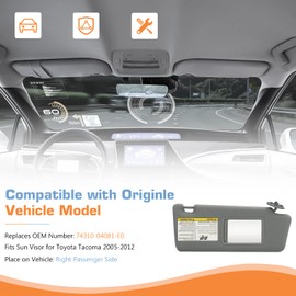 Hurotoms Right Passenger Side Sun Visor Without Light for Toyota Tacoma 2005-2015, Replacement 74310-04081-E0,Gray Visor Assembly