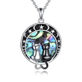 YAFEINI Black Cat Necklace Sterling Silver Abalone Double Animal Cats Pendant Necklace Jewelry Gifts for Women Girls