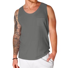 Runcati Men's Sleeveless Tank Tops Crewneck Workout Gym Cotton Muscle Pocket T Shirt Dark Grey