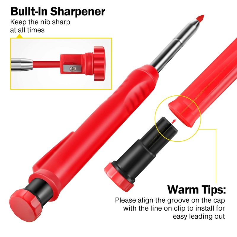 3 Pack Solid Carpenter Pencil with 21 Refill, Long Nosed