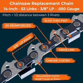 14 Inch Chainsaw Chain 3/8" LP Pitch, .050" Gauge, 52 Drive Links - Lifesaving Mission Chainsaw Replacement Chain - 60HRC Chromed 900lbf Tough - Low Kickback, Yake Ire Hardened - 3 Pack Fit Top Brands
