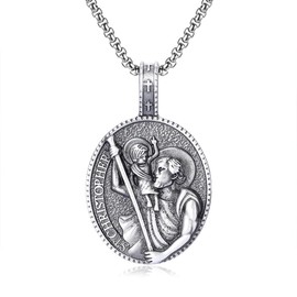 St Christopher Necklace Mens, Protection Amulet Pendant with Stainless Steel Chain, Religious Jewelry Gift