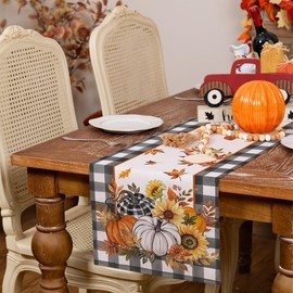 ARKENY Fall Buffalo Plaid Pumpkin Table Runner 13x72 Inches, Orange Maple Leaf Thanksgiving Holiday Indoor Outdoor Table Decoration for Home