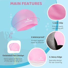 Kids Long Hair Swim Cap for Girls Boys, 3 Size Silicone Swimming Cap for Age 1-15 Toddler Children Teens, Waterproof Swim Hats Bathing Caps with Ear Plugs & Nose Clip to Keep Hair Dry(Age 8-15/Mint)