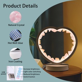 Runyangshi Natural Crystal Night Lamp Heart Shape Bedroom Bedside Sleep Night Light Healing Crystal Gemstone Rose Quartz Light Tri-Color Ambient Light USB Powered for Home Decor Mother's Day Gift
