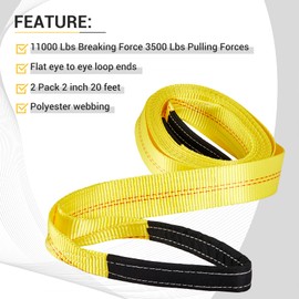 Pindex 2 Pack 2" x 20' Web Lifting Sling 11000 Lbs Breaking Force 3500 Lbs Pulling Forces Lift Sling Straps for Rocks Trees Mowers Tool Boxes in Trailers Tractors Trucks, Yellow