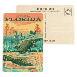 Sarasota, Florida, Alligator, Vintage Print Press (4x6 Birch Wood Postcards, 2-Pack Stationary, Rustic Home Wall Decor)