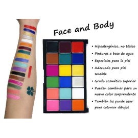 Maquillaje Pintura Facial, Corporal Lavable para niños, con Plantillas, reutilizable, paleta de 18 colores, pinceles, inofensivas, bonitos stencils. Face and body paint