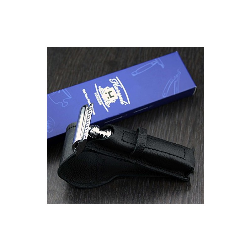 Silver Antique Inspired DE Safety Razor & Leather Protective Case