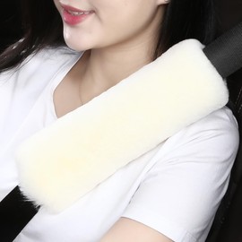 AOGELAN Fluffy Fuzzy Genuine Sheepskin Car Seat Belt Covers for Soft Auto Lambswool Seatbelt Pads, Shoulder Strap Cushion Adults Kids (1, Ivory)