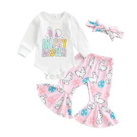 M9ppzzur7 Baby Girls 3Pcs Easter Outfit Bunny Ears Letter Print T-shirt and Rabbit Print Flare Pants Headband Clothes Set (White, 12-18 Months)
