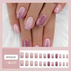 Vopintpy Pink Glitter Gradient Press On Medium Square Mirror Fake Nails, Artificial Full Cover Glue On Nails - Reusable Acrylic Stick On Nails for Women - DIY Charm Manicure