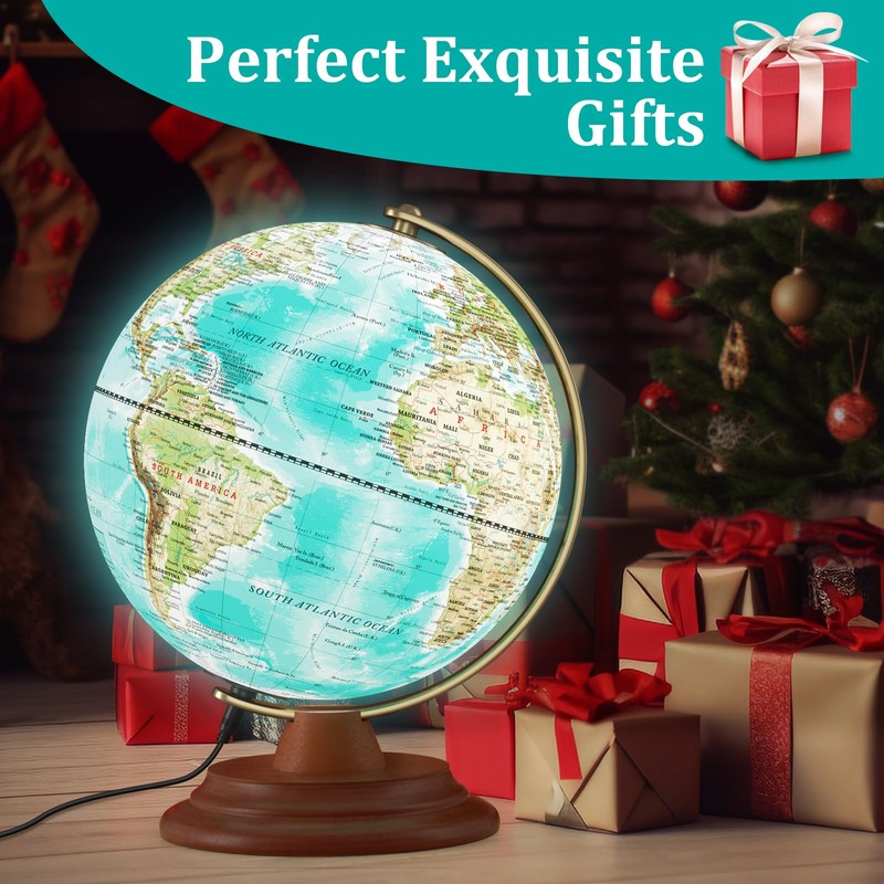 Illuminated Globe of the World with Wooden Stand, 8'' World