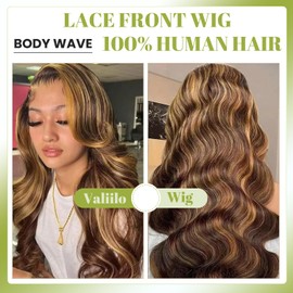 Valiilo Ombre Lace Front Wigs Human Hair 13x4 Highlight 4/27 Body Wave Wig Pre Plucked Honey Brown Blonde Wig Human Hair with Free Part 180% Density Glueless Colored Wig for Women 32 Inch