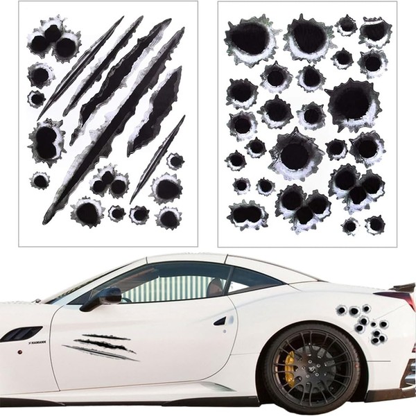 2 x Car Stickers, 3D Bullet Holes, PVC Waterproof Reflective,