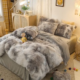 Jameswish Shaggy Plush Duvet Cover Set Super Soft Fluffy Faux Fur Comforter Cover Set Luxury Fuzzy Bedding Set 3 Piece(1Duvet Cover+2Pillowcases) with Zipper Closure(Full Size,Gray White Ombre)