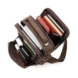 CHARGELLA Genuine Leather Messenger Bag for Men, Office Work CrossBody Adjustable Shoulder Bag with 6 Zipper Pocket for Phone, Wallet, Storage Brown