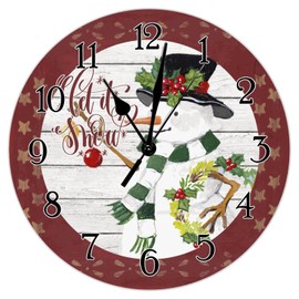 Let It Snow Snowman Wood Wall Clock Stars Vintage Red Wood Wall Clocks Winter Snowman Wall Clock Silent Non-Ticking Battery Operated Round Clock for Bedroom Kid Room 10inch