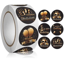 500Pcs 1 Inch Roll Happy Birthday Stickers,Black Holographic Metallic Foil Birthday Stickers for Adults Kids,Happy Birthday Stickers for Cards Planner Calendar