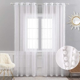 MIULEE Sheer Curtains Transparent with Pompoms Curtain Made of Voile Polyester Rod Pull Transparent Living Room Air Decorative Curtain for Bedroom Set of 2