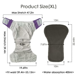 3 Pack Adult Cloth Diapers with Oversized Diaper Inserts, TPU Waterproof Nappy Reusable Washable Elderly Incontinence Care Protection Nappies Underwear for Men or Women, Waist 39.4-53.15Inches（XL）