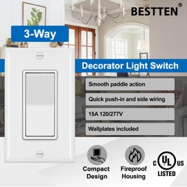 BESTTEN 40 Pack 3-Way Decorator Wall Light Switch, 15A 120V/277V, On/Off Rocker Paddle Wall Switch, Single Pole or Three Way, 3 Wire, w/Wall Plate, Residential and Commercial Grade, UL Listed, White