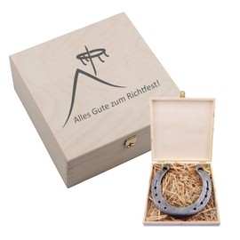 4you Design Real Horseshoe in Wooden Gift Box Topping Out Party - 2 Horseshoe Nails for Attaching - Housewarming Gift - House Building - Lucky Charm - 17 x 17 x 6.5 cm