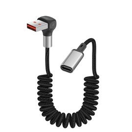 Coiled USB-A to USB-C Extension Cable, Retractable USB A Male to Type-C Female Charging & Data Sync Cord, Right Angle Spring Coiled Cable for Phone, Tablet, Laptop and More USB-C Devices (Right Angle)
