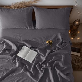 LBR02M 100% Linen Sheet Set King Size, Bed Sheets 4 Piece Sets, Solid Color Natural Flax Bed Sheets Soft Breathable Bedding, 16" Deep Pocket, All Season (King, Dark Grey)