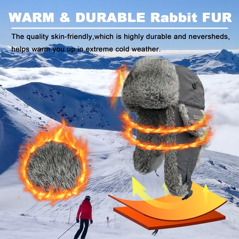 Winter Trapper Hat for Men Women 100% Real Rabbit Fur