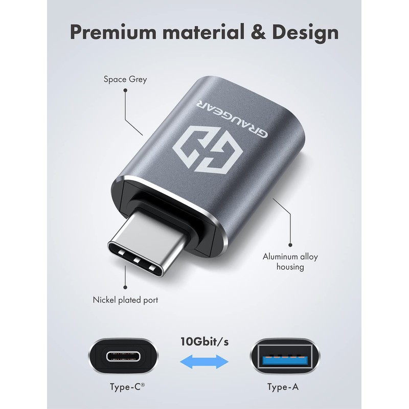 GRAUGEAR USB-C Adapter, Fast Data Transfer, Up to 10Gbps, USB