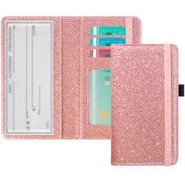 ACdream Checkbook Cover, Leather RFID Blocking Check Book Wallet, Protective Premium Business and Personal Duplicate Checks Holder, with Credit Card Slot for Women Men, Glitter Rose Gold