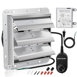 Criditpid 10 Inch Shutter Exhaust Fan, 820 CFM Attic Fan, Wall Mounted Vent Fan with Speed Controller and Thermostat for Greenhouse, Garage, Warehouse, Shed, Basement, Chicken Coop Ventilation.