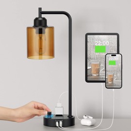 Industrial Small Desk Lamp for Nightstand - Amber Clear Glass Shade Table Lamp with USB C Port, Fully Dimmable Black Bedside Lamp with USB Port and Outlet, Bedroom Lamp for Reading Office