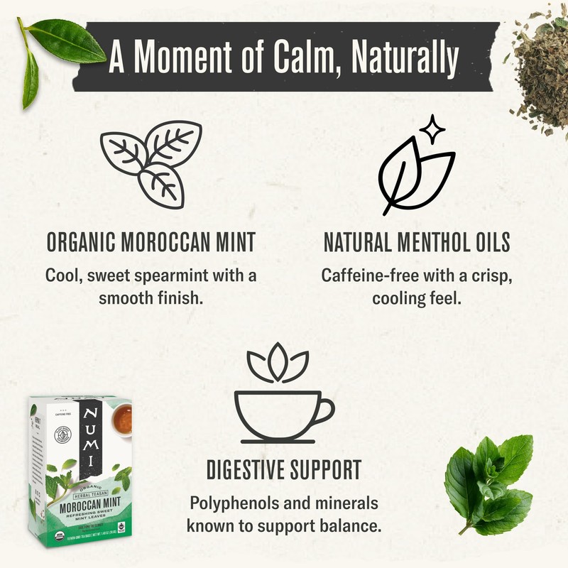 Numi Organic Moroccan Mint Tea, 18 Herbal Tea Bags, Microplastic