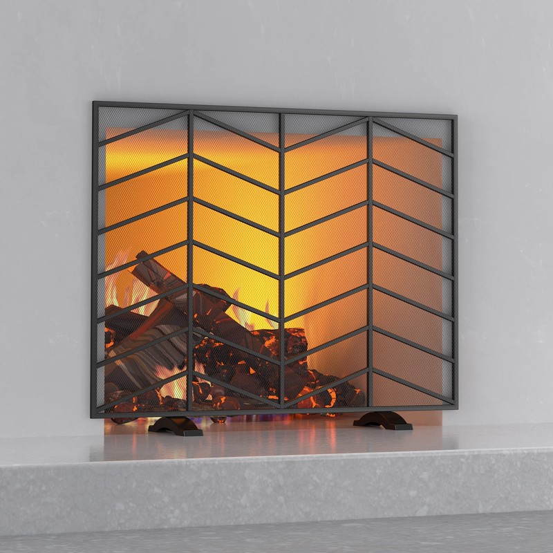 Fire Beauty Single Panel Handcrafted Wrought Iron Mesh Chevron Fireplace