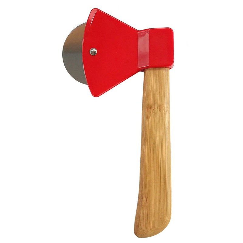 Axe Pizza Cutter with Bamboo Handle and Sharp Rotating Blade