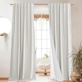 NICETOWN 100% Blackout Linen Curtains for Living Room with Thermal Insulated White Liner, Ivory, 52" Wide, 2 Panels, 84" Long Drapes, Back Tab Retro Linen Curtains Vertical Drapes Privacy for Bedroom