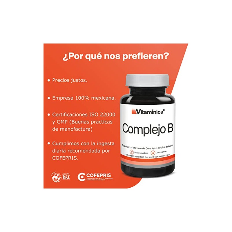 Complejo B completo, Prebioticos, Fibra, 90 cápsulas, Vitaminas B1, B2,