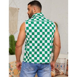 Yuanbang Mens Denim Vest Outerwear Green Checkered Sleeveless Jean Jacket Plaid Cowboy Shirts Coat(Green Checkered,L)