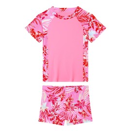 Tziharora Girls Swimsuits Size 9-10 Years Old Pink Flowers Two Pieces Short Sleeve Tankini Quick-Dry Suits