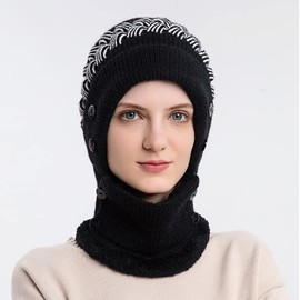 YAMEE Women's Balaclava Fleece, Winter Hat with Winter Scarf, Knitted Hat Scarf Set, Winter Warm Ski Hat, Face Mask for Outdoor Sports, 1/black