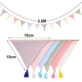 G2PLUS Fabric Bunting Banner with Tassel, 12PCS Double Sided Cotton Bunitng, 2.8m Morandi Fabric Triangle Garland, Baby Bunting for Nursery/Baby Shower/Brithday/Party/Bedroom Decoration