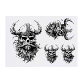 4 x 'Viking Skull' Temporary Tattoos - Water Resistant, Skin-Safe, Non-Toxic Transfers, Mixed Sizes (TO00084940)