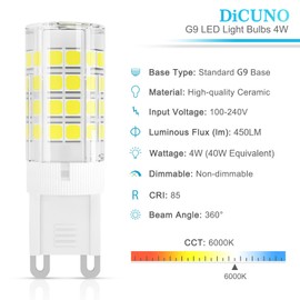 DiCUNO G9 LED Light Bulb 4W, 40W Halogen Replacement, Daylight White 6000K, 450 Lumen, G9 Bi-Pin Ceramic Base Bulb, 120V, Non-dimmable, for Chandelier Lighting, Pendant Light, 6-Pack